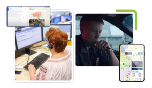 Image of a 9-1-1 dispatcher and police officer on walkie talkie with the desktop and tablet views of INSIDE.
