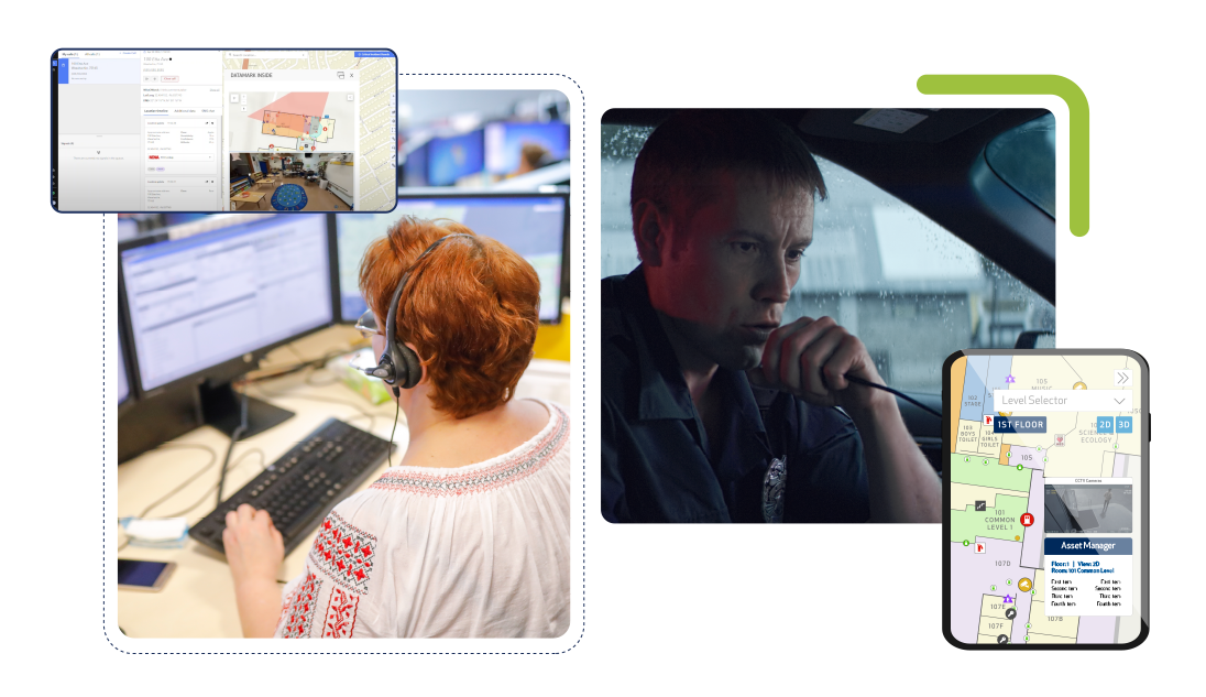 Image of a 9-1-1 dispatcher and police officer on walkie talkie with the desktop and tablet views of INSIDE.