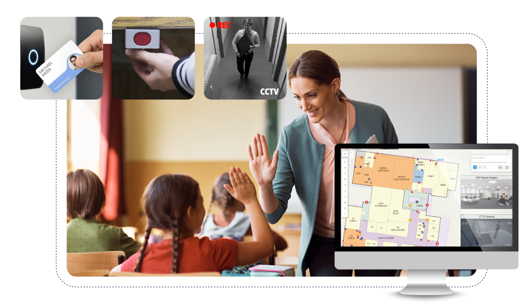 Image of school teacher and student with 3 images above them of a CCTV camera, panic button and badge system with INSIDE beneath them to show that INSIDE integrates with each technology/