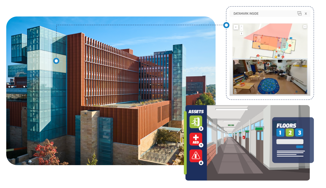 image of a building with one floor highlighted and a dashed line leading to the INSIDE interface with 360-degree VirtualView opened and an image of a floor-aware hallway
